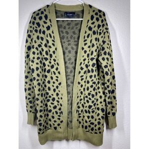 Lucky Brand Open Front Cardigan Sweater S Olive Green Black Animal Print Knit